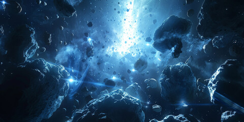 dark blue starry sky with white rays of light , surrounded by floating small rocks and dust particles Explosion , warp space - obrazy, fototapety, plakaty