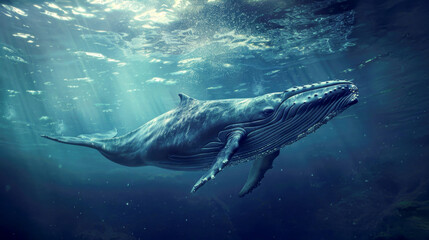 Fototapeta premium A captivating image depicting the impressive presence of a humpback whale as it breaks the surface of the Caribbean Sea, offering a glimpse into the mesmerizing world beneath the waves