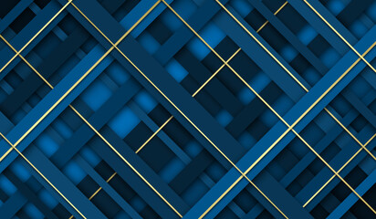 Abstract background elegant blue geometric square overlapping with golden line stripes. Luxury style 