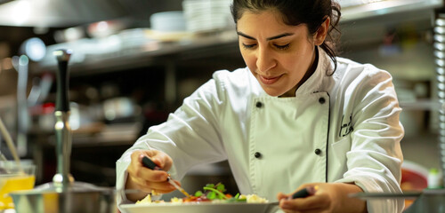 A chef confidently seasoning a dish, her expression conveying mastery of flavor - obrazy, fototapety, plakaty