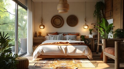 A bohemian-style bedroom with natural wood furniture, rattan accents, and plants, set in an open-plan apartment with large windows overlooking the garden