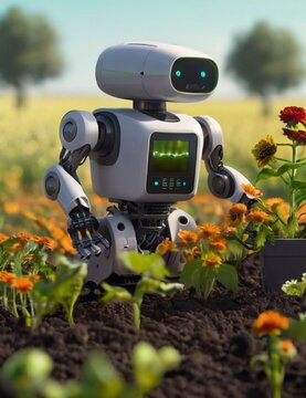 robot farm in the garden ai generated