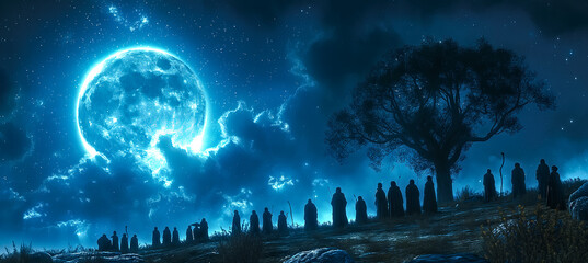 Mystical Ritual Gathering Under the Supermoon.  Magic Rituals of Walpurgis Night, Halloween or Equinox.