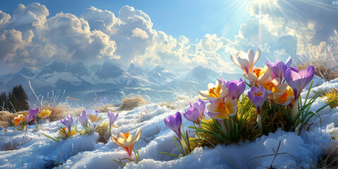 Obraz na płótnie Canvas crocuses in various colors are blossoming on the snowcovered ground with a blue sky and sun rays. purple, pink, and yellow flowers on snowy landscape, winter flower themes, banner