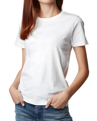 Woman wearing t-shirt on  blank background. Women's white t-shirt mockup, front view, no design on the shirt. 