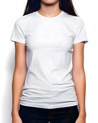 Woman wearing t-shirt on  blank background. Women's white t-shirt mockup, front view, no design on the shirt. 