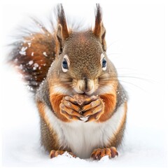 Captured in a winter setting, this charming squirrel balances a walnut between its paws, surrounded by a pristine snowy landscape.