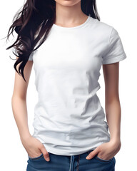 Fototapeta premium Woman wearing t-shirt on blank background. Women's white t-shirt mockup, front view, no design on the shirt. 