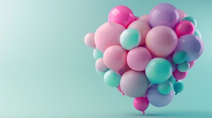 Design a promotional banner with a modern and minimalist aesthetic, featuring a large, heart-shaped arrangement of 3D-rendered balloons in shades of pink, violet, and turquoise