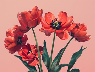Vibrant red spring flowers contrast beautifully against a soft pastel pink background, unique hyper-realistic illustrations