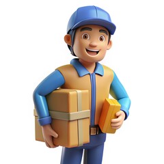 Smiling delivery man in blue uniform holding packages, isolated on white - 3D illustration.