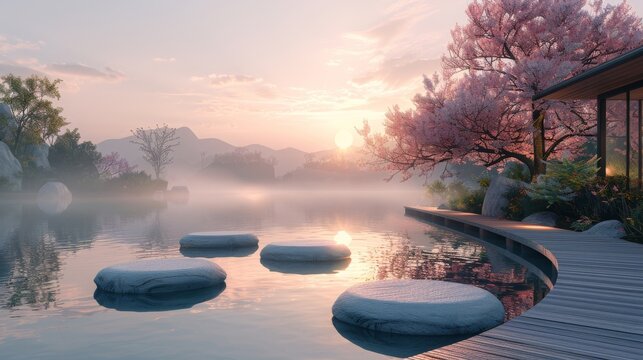 Design a wellness and meditation hub in the metaverse, combining serene natural landscapes with virtual zen gardens, in soft pastel colors, targeting wellness influencers and practitioners.