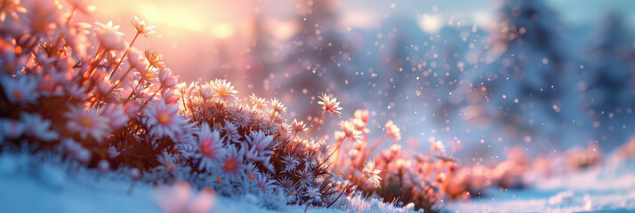 crocuses in various colors are blossoming on the snowcovered ground with a blue sky and sun rays. purple, pink, and yellow flowers on snowy landscape, winter flower themes, banner - obrazy, fototapety, plakaty