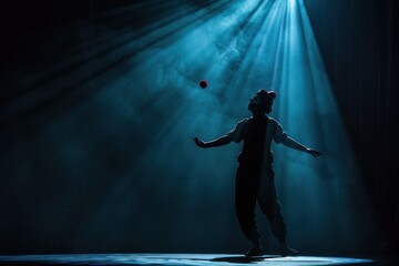 Enchanting Clown with Colorful Balls Juggling on Spotlighted Stage, Surrounded by Dark Background and Whimsical Smoke, Captivating the Audience