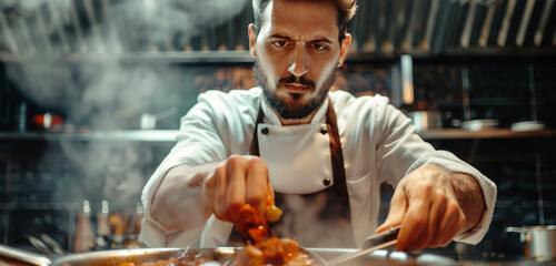 A male chef stirring a bubbling pot of hearty stew, the steam rising around him as he looks directly into the camera with a sense of culinary mastery