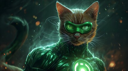 A brown and white cat in Green Lantern suit, with the lantern emblem on chest - obrazy, fototapety, plakaty