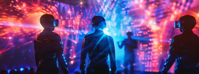 Obraz premium Digital concert with holographic performers from the 80s, attended by an avatar audience in VR.