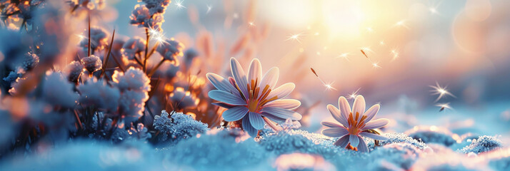crocuses in various colors are blossoming on the snowcovered ground with a blue sky and sun rays. purple, pink, and yellow flowers on snowy landscape, winter flower themes, banner - obrazy, fototapety, plakaty