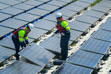 Photovoltaic engineers work on floating photovoltaics. workers Inspect and repair the solar panel...