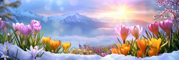 crocuses in various colors are blossoming on the snowcovered ground with a blue sky and sun rays. purple, pink, and yellow flowers on snowy landscape, winter flower themes, banner