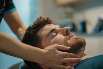 Relaxed bearded man enjoying professional head and neck massage at luxury spa for ultimate relaxation and wellness experience