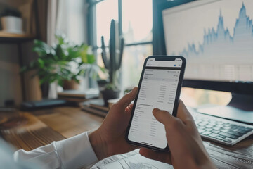 Businessman Holding Smartphone and Checking Stock and Cryptocurrency Market in Office.
