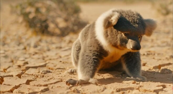 a koala in the barren, cracked land footage