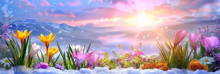 Fototapeta na wymiar crocuses in various colors are blossoming on the snowcovered ground with a blue sky and sun rays. purple, pink, and yellow flowers on snowy landscape, winter flower themes, banner