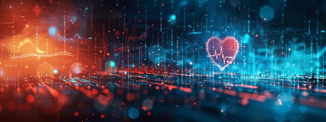 Fototapeta premium Digital pulse heartbeat showing the vital signs of cybersecurity system health, set against a backdrop with text space.