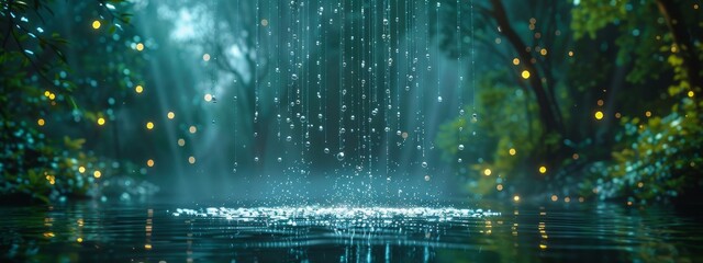 Digital rain with each drop symbolizing a specific cybersecurity metric, falling into a serene pond that has space for text around its edges. - obrazy, fototapety, plakaty