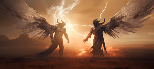 battle between angels and demons in the desert, ai generative