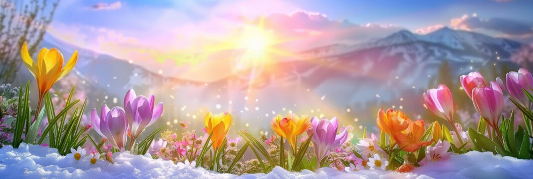 Fototapeta crocuses in various colors are blossoming on the snowcovered ground with a blue sky and sun rays. purple, pink, and yellow flowers on snowy landscape, winter flower themes, banner