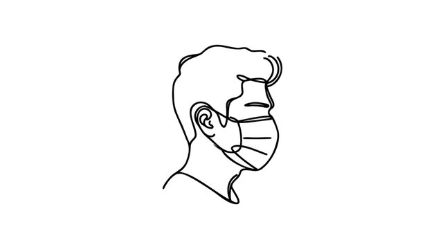 One continuous line drawing medical face mask. Concept of coronavirus. Continuous single drawn person in mask one line hand-drawn picture silhouette. Line art. doodle. Vector illustration.