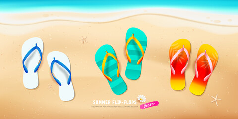 Summer flip flop colorful collection, starfish on sand beach design background, Eps 10 vector illustration
