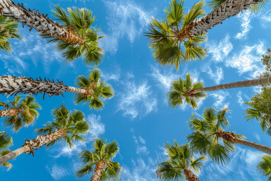 Photo of palm trees from below against blue sky. Beach holiday concept in exotic places