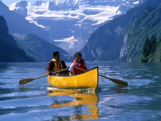 Tranquil Canoe Journey on Serene Lake with Majestic Snow-Capped Mountains in Background, Ideal Outdoor Adventure Scene