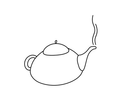 Vector isolated one single simple ceramic teapot with staem colorless black and white contour line easy drawing