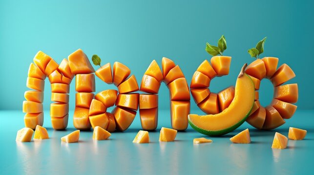 3d mango inscription  from fresh mango slice on a teal simple background.