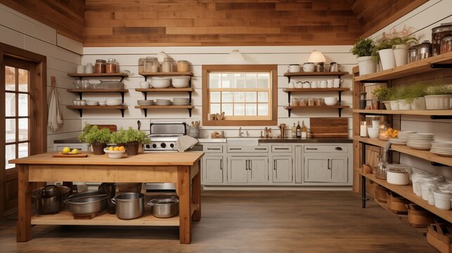 Picture-perfect rustic farmhouse kitchen with shiplap walls extending to the vaulted wood ceiling