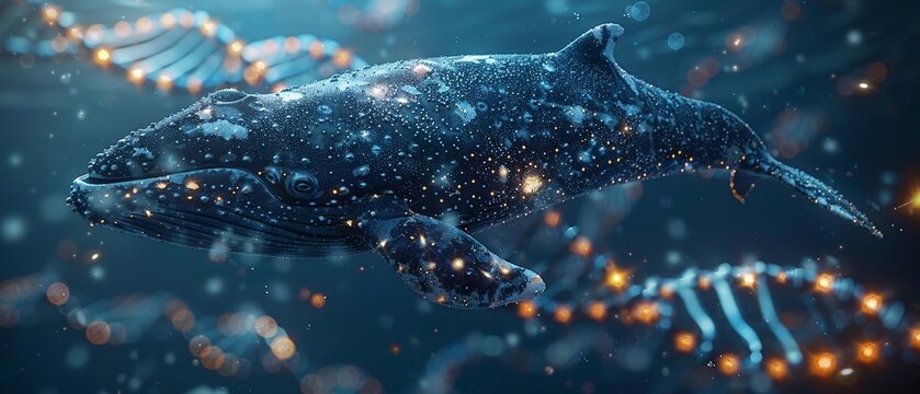 Graphic representation of the bowhead whale, encapsulated in a DNA helix, showcasing its potential superpower against cancer no contrast