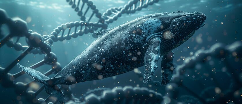 Graphic representation of the bowhead whale, encapsulated in a DNA helix, showcasing its potential superpower against cancer no contrast