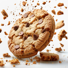 Close up of flying cookie and chocolate chips at white background