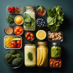 Snack ideas for to go and lunch boxes with various healthy foods  on dark background, top view. Flat lay. Top view.  Flat lay - 768015364