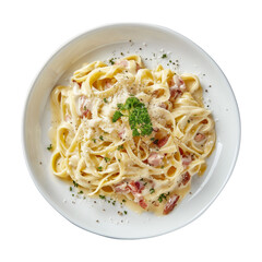 A plate of pasta with cheese and parsley on top. The dish is creamy and looks delicious