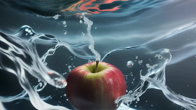 Fresh red apple in clear water with splash, isolated on white background