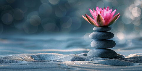  pink lotus flower on the sand with gray stones arranged in balanced piles,  Web banner, copy space, meditation product designs,flower and spa stones in zen garden