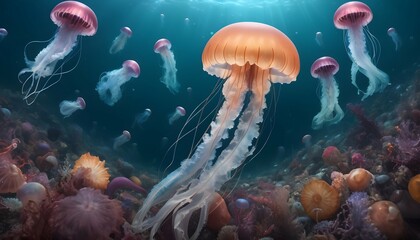 Fototapeta na wymiar A Jellyfish In A Sea Of Shimmering Sea Creatures