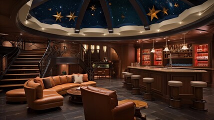 Posh residential home theater with tiered seating, starry ceiling, and concession stand - obrazy, fototapety, plakaty