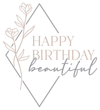 Happy Birthday Beautiful In Floral Diamond Frame | Flower Bouquet Line Art Frame | Botanical Vector Illustration