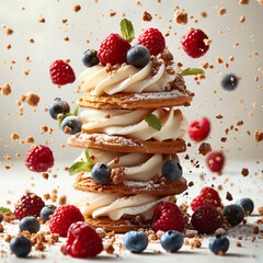 Layered cream puff cake with flying raspberries and blueberries, front view